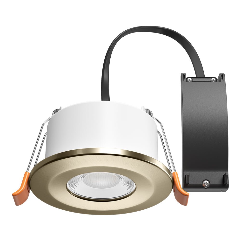 STRATA 5 | Tri - Colour CCT | LED Fire Rated Downlight | Dimmable 5W 600lm | IP65 | Antique Brass - LightHub Direct