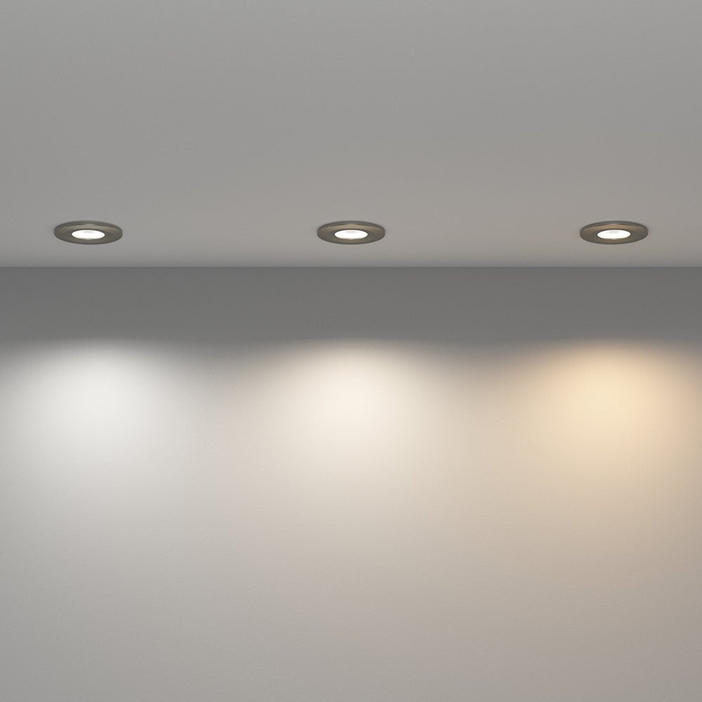 STRATA 5 | Tri - Colour CCT | LED Fire Rated Downlight | Dimmable 5W 600lm | IP65 | Brushed Chrome - LightHub Direct