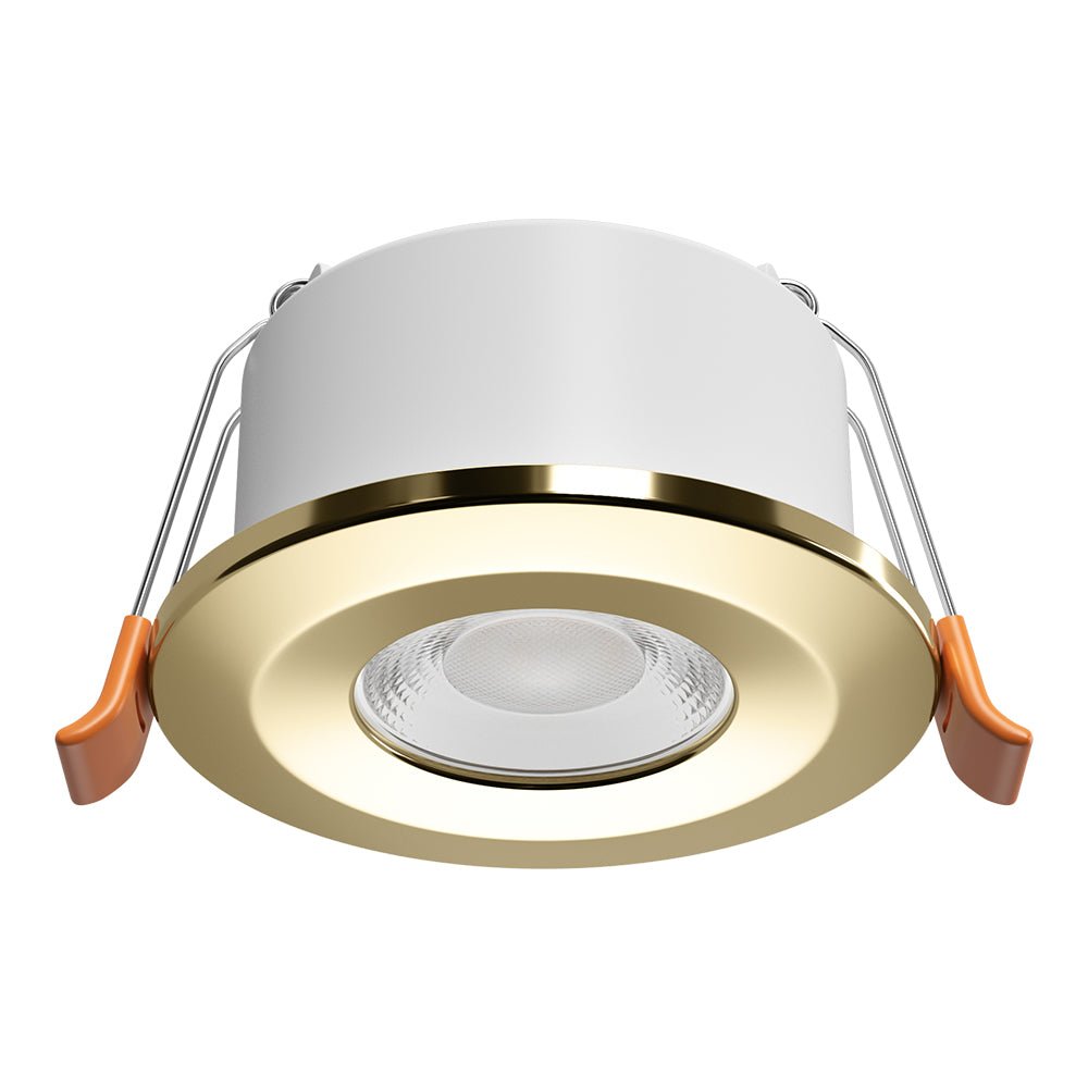 STRATA 5 | Tri - Colour CCT | LED Fire Rated Downlight | Dimmable 5W 600lm | IP65 | Brass - LightHub Direct