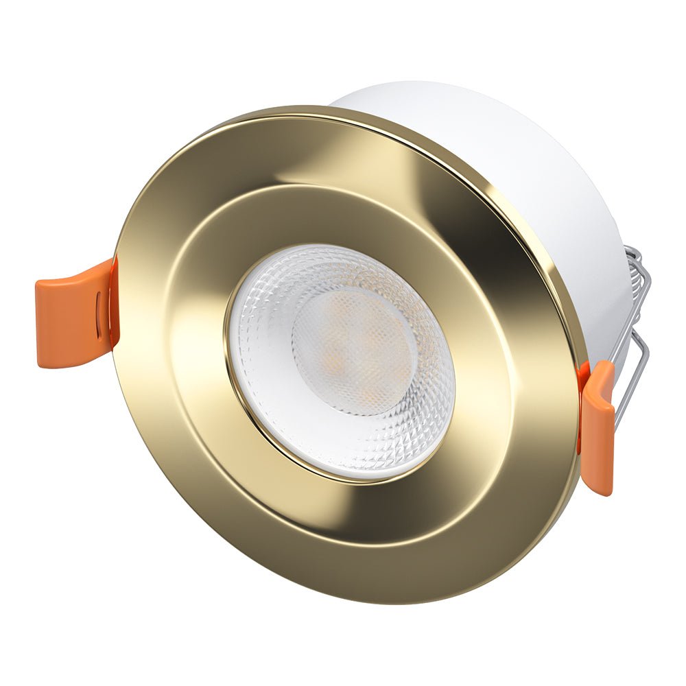 STRATA 5 | Tri - Colour CCT | LED Fire Rated Downlight | Dimmable 5W 600lm | IP65 | Brass - LightHub Direct