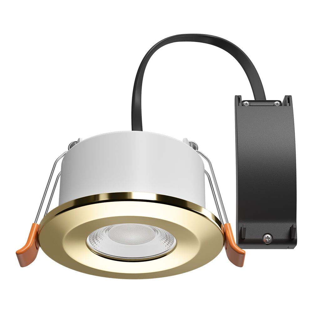STRATA 5 | Tri - Colour CCT | LED Fire Rated Downlight | Dimmable 5W 600lm | IP65 | Brass - LightHub Direct