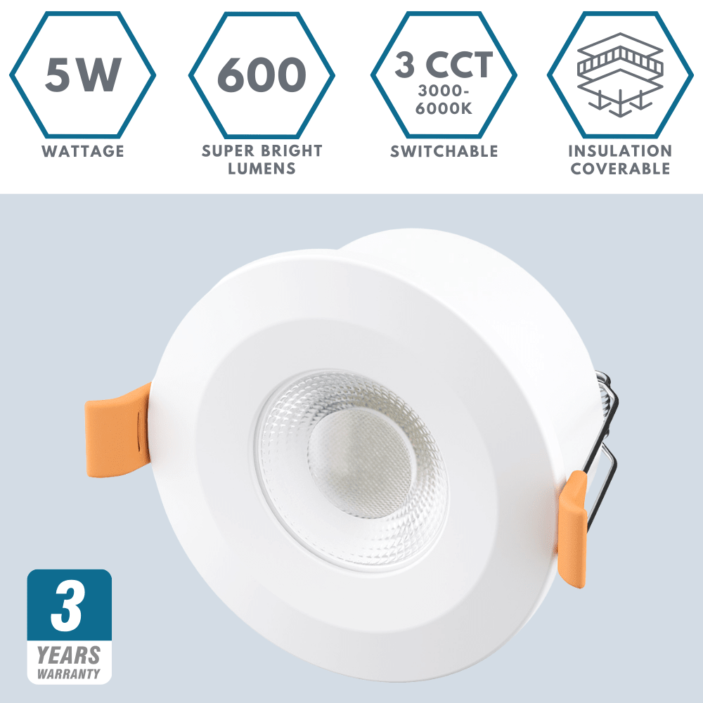 STRATA 5 | Tri - Colour CCT | LED Fire Rated Downlight | Dimmable 5W 600lm | IP65 | White | TRADE 40 Pack - LightHub Direct