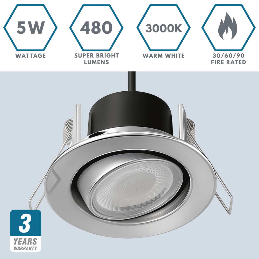 Fire Rated Dimmable Tilt Adjustable Downlight | LED 5W 480lm | 4000K Neutral White | IP65 | Polished Chrome - LightHub Direct