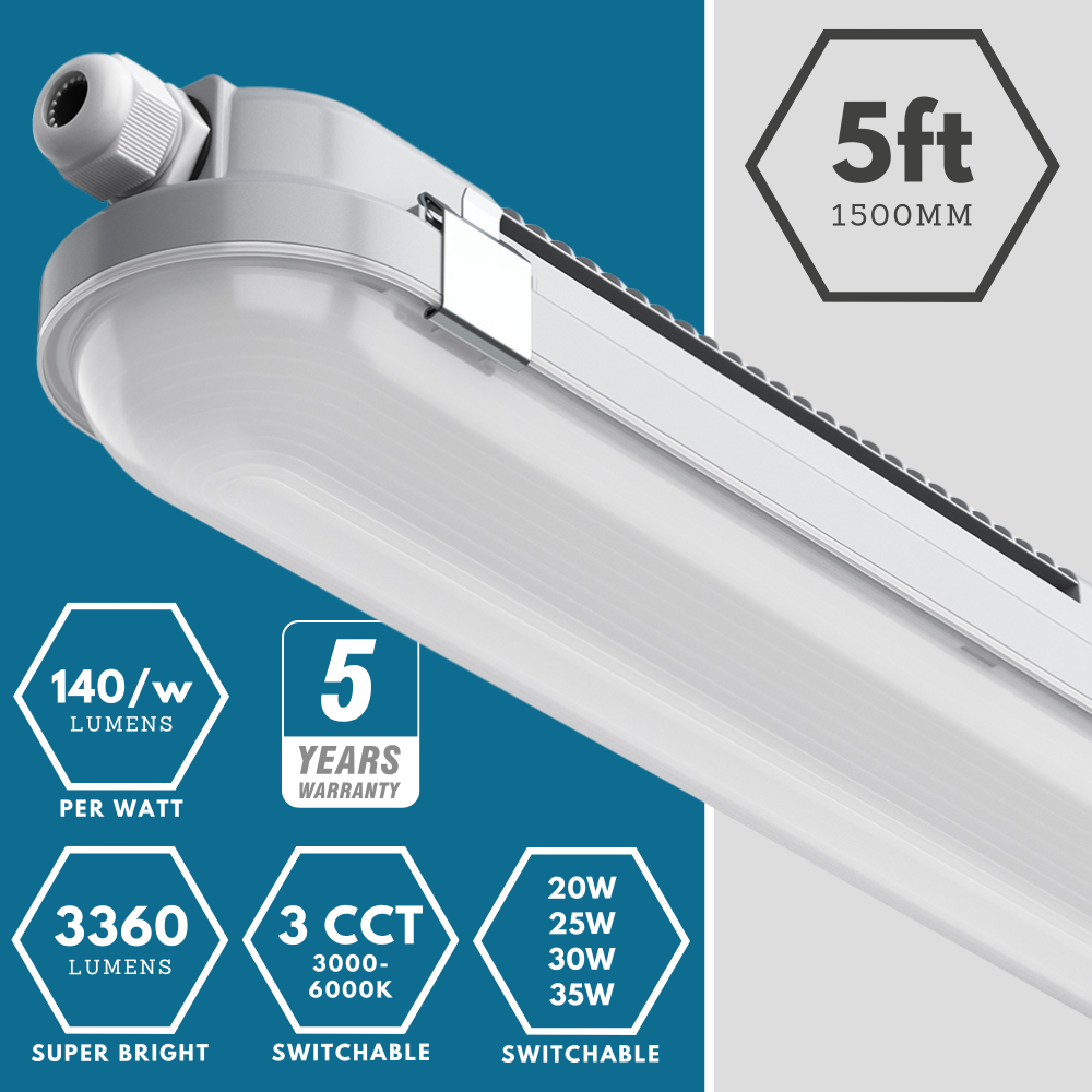 TORO Non-Corrosive LED Batten Light | 5ft 3360lm | CCT Tri-Colour & Multi Wattage | IP65 | Standard