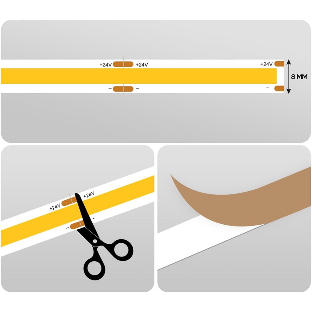 24V Seamless Dotless LED Tape Strip Light | 5W COB LED | Dimmable | Daylight White 6000K | Sold Per Metre - LightHub Direct