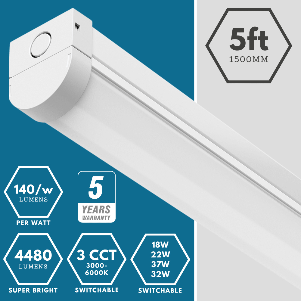 VALA LED Batten Light | 5ft 4480lm | CCT Tri - Colour & Multi Wattage | IP20 | Corridor & Emergency Self Test - LightHub Direct
