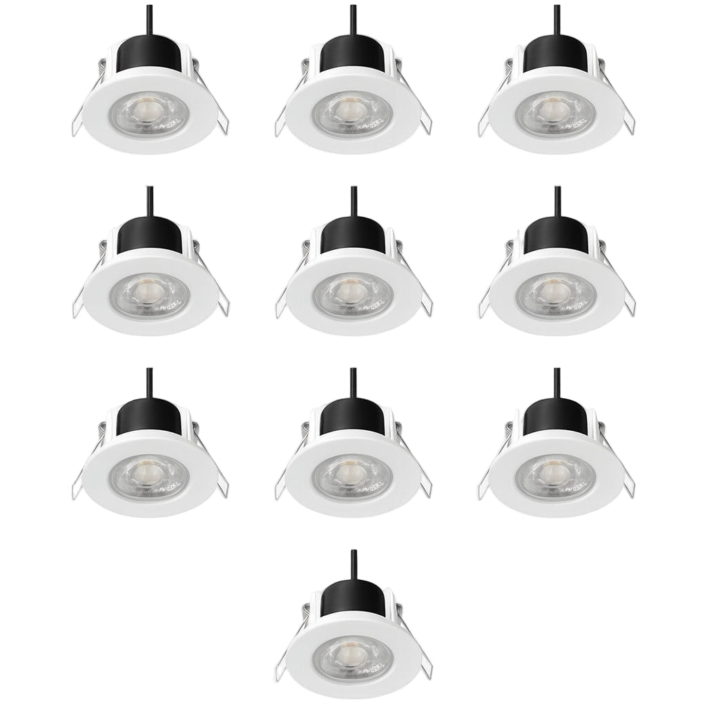 Set of ten white recessed ceiling lights with black fixtures on a white background