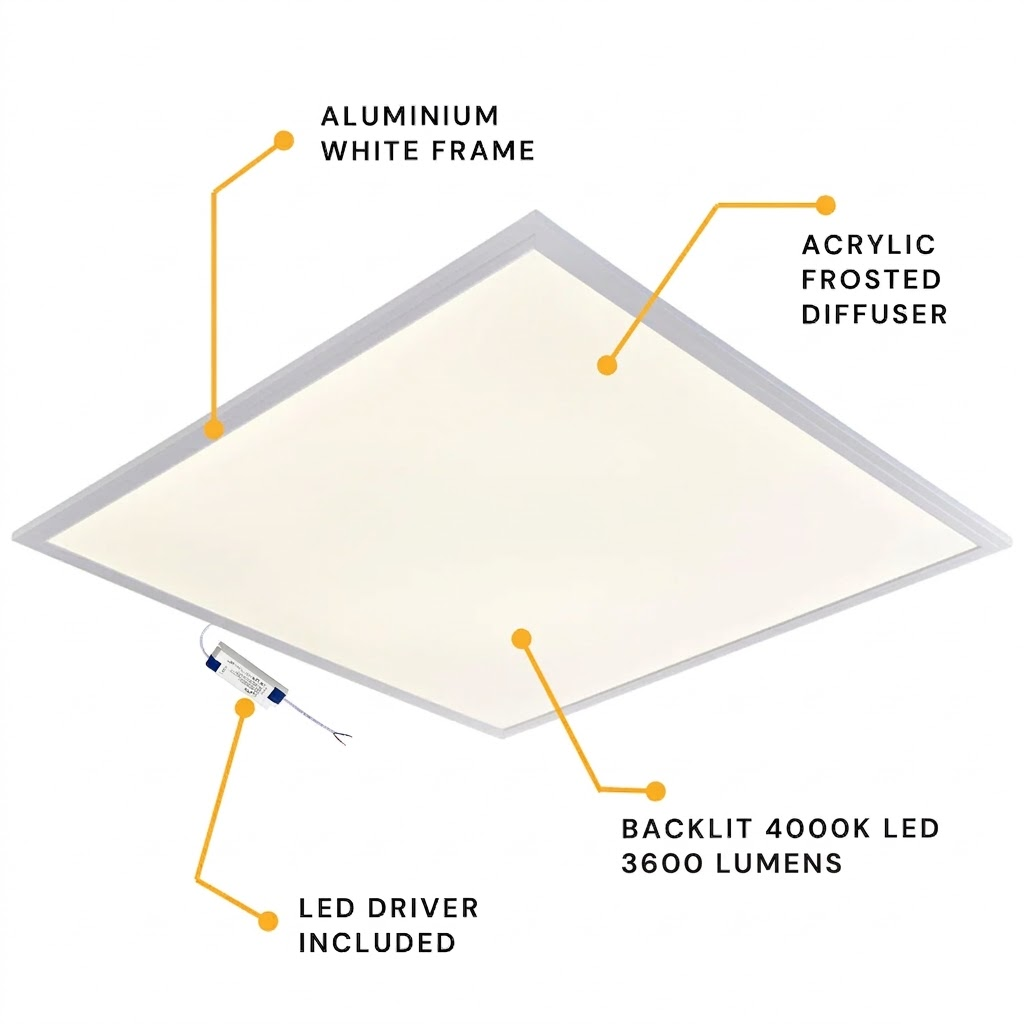 AIRO | 600x600mm Recessed Panel Light | 4000K Neutral White | LED 30W 3600lm | For Suspended Modular Ceiling Tile | Single Unit