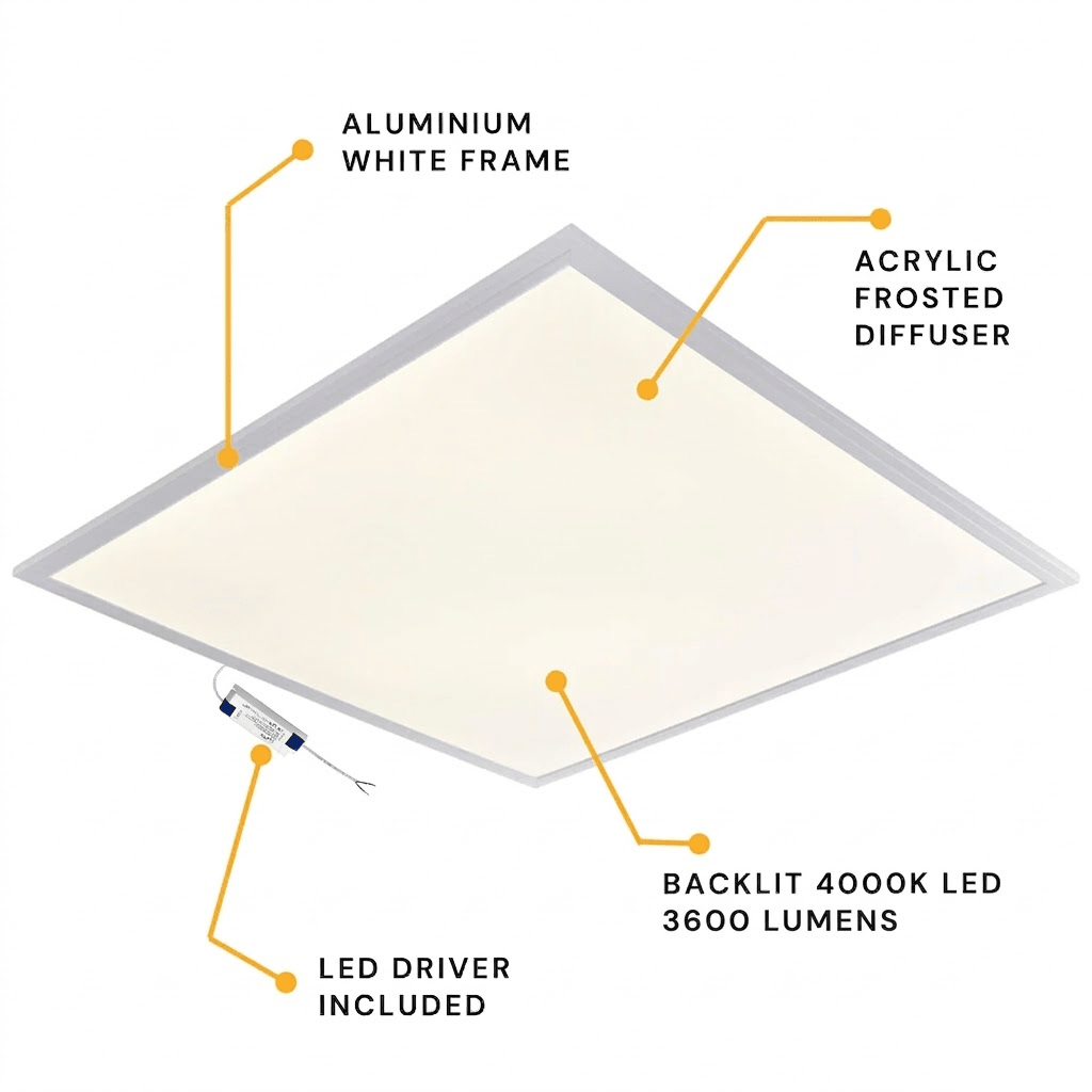 AIRO | 600x600mm Recessed Panel Light | 3hr Emergency Function | 4000K Neutral White | LED 30W 3600lm | For Suspended Modular Ceiling Tile | 6 Pack - LightHub Direct