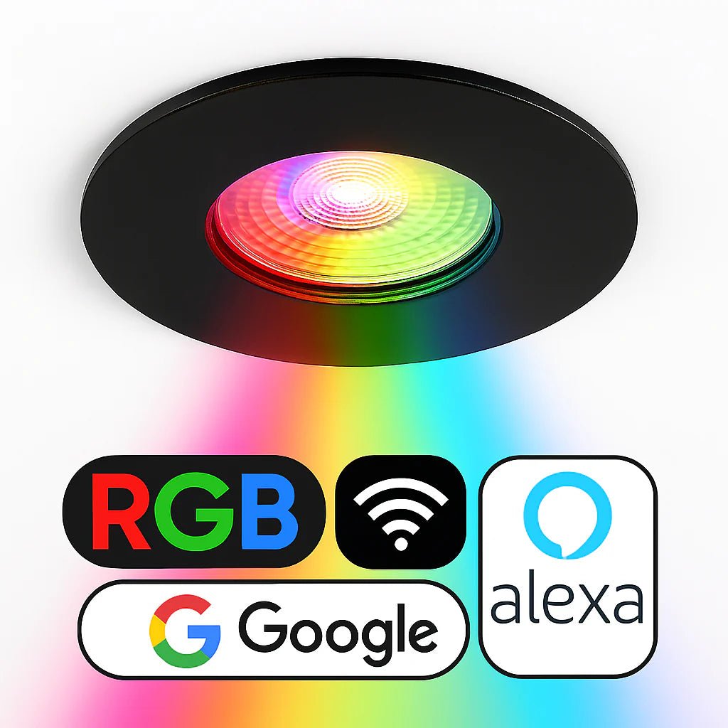 Smart WiFi RGB+CCT Fire Rated Downlight | Alexa & Google | GU10 IP65 | Matt Black - LightHub Direct