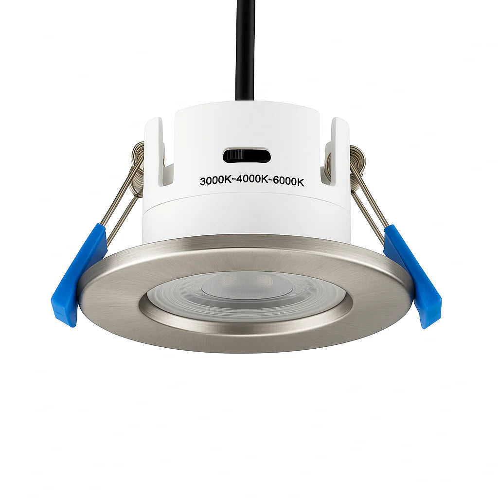 3CCT Fire Rated Dimmable Downlight Fitting | LED 5W 550lm | CCT Tri-Colour | IP65 | Brushed Chrome