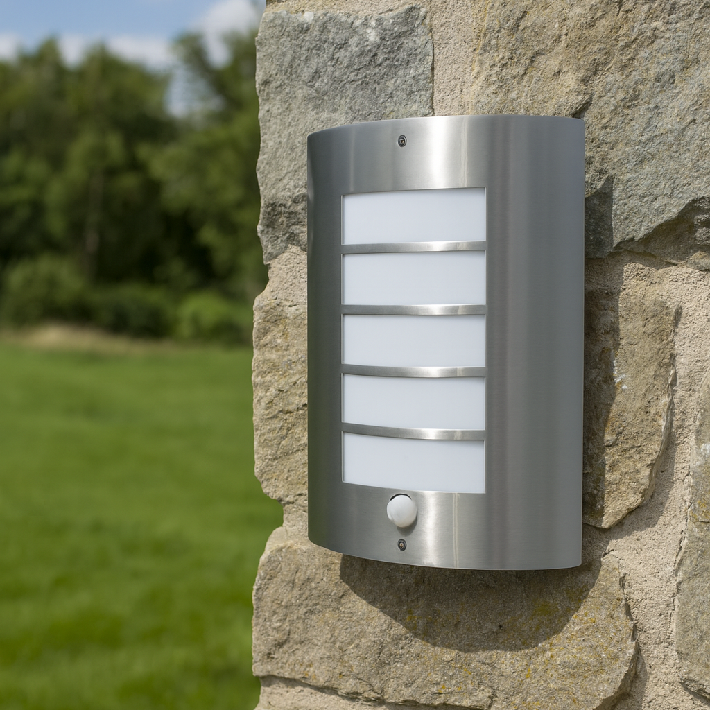 Outdoor wall light fixture on a stone wall with grass and trees in the background