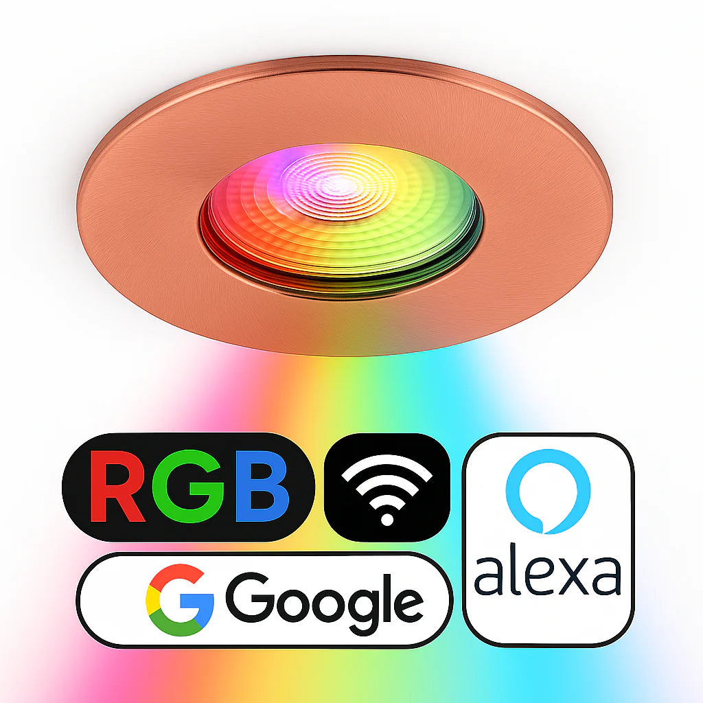Smart WiFi RGB+CCT Fire Rated Downlight | Alexa & Google | GU10 IP65 | Brushed Copper