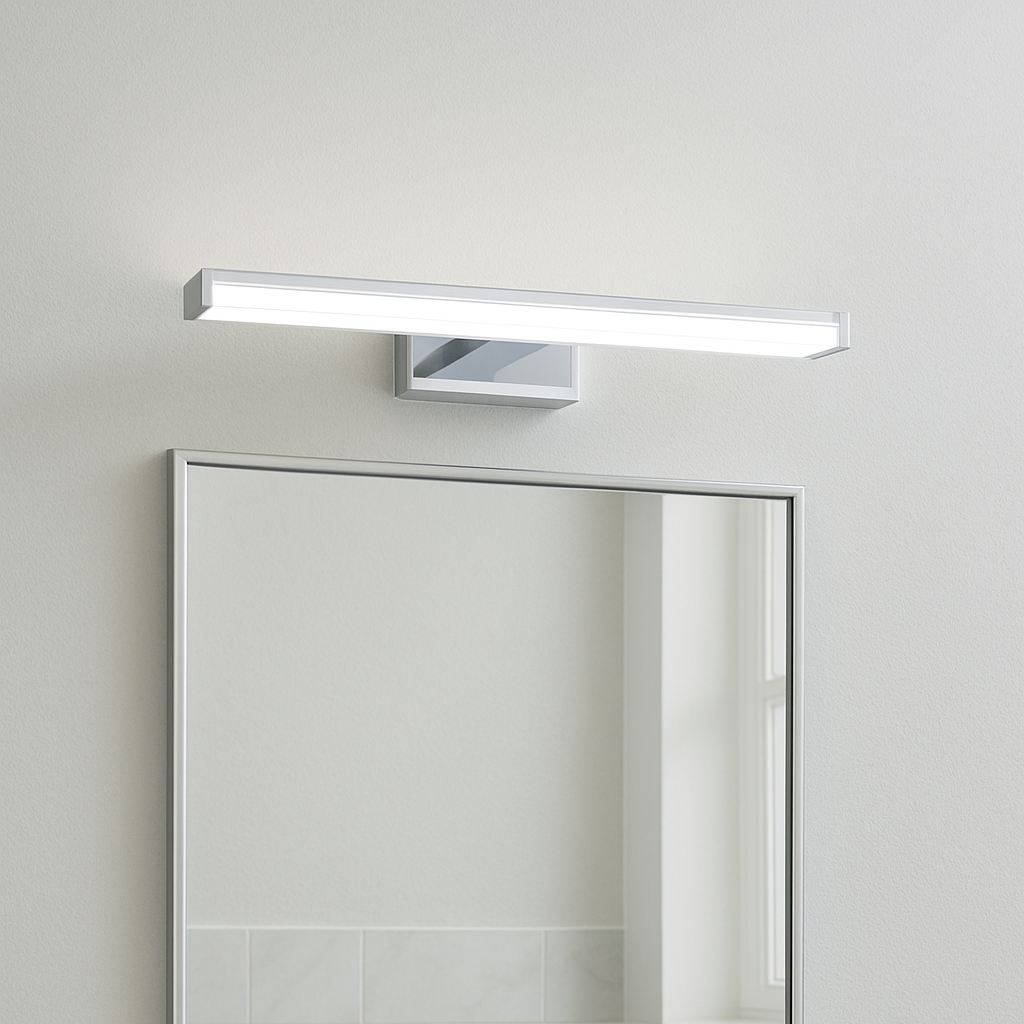 Bathroom with a mirror above a sink and a light fixture on the wall.