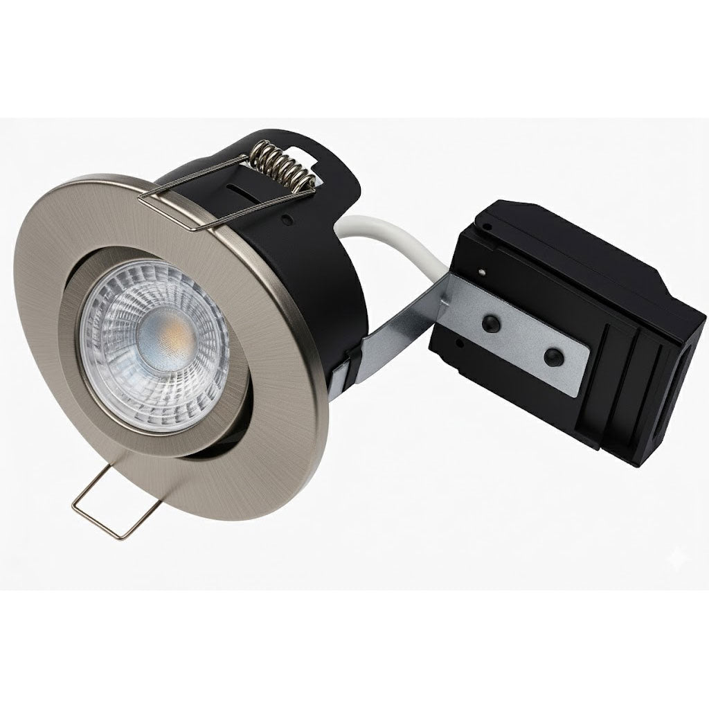 Brushed Nickel Tilt Adjustable Fire Rated GU10 Open Back Downlight | Pressed Steel | IP20 | 30-90 Min Rated