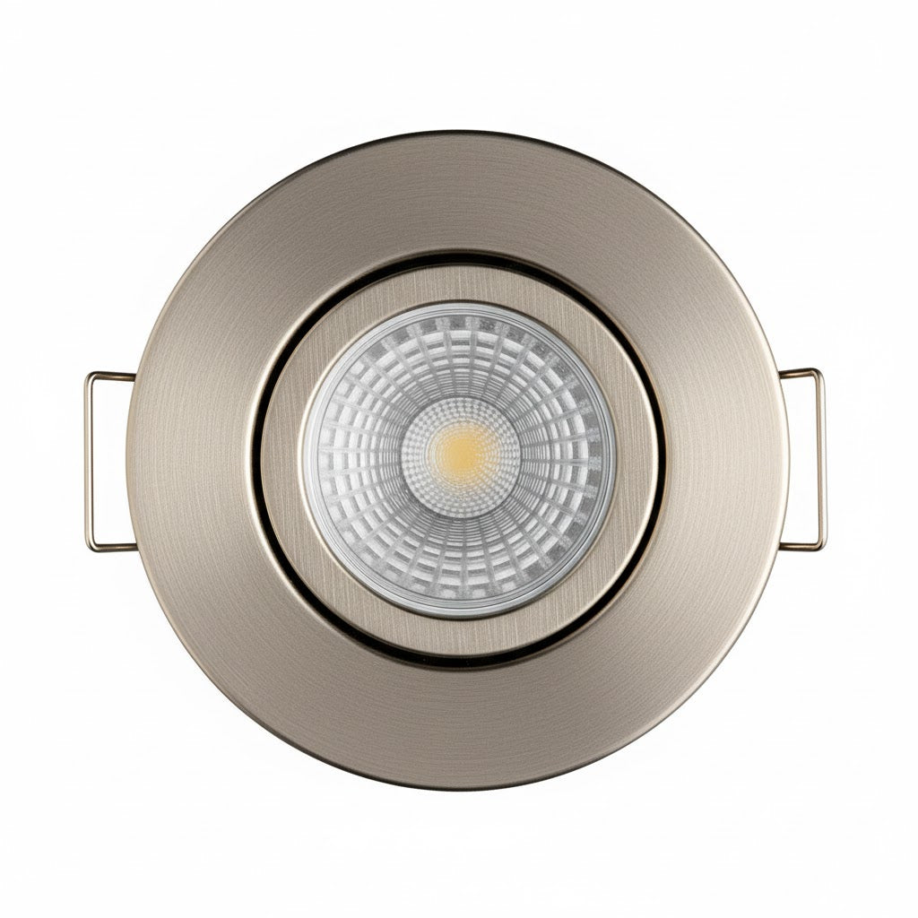 Brushed Nickel Tilt Adjustable Fire Rated GU10 Open Back Downlight | Pressed Steel | IP20 | 30-90 Min Rated