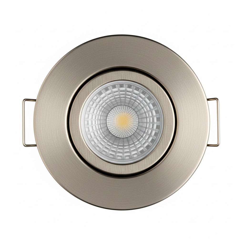 Brushed Nickel Tilt Adjustable Fire Rated GU10 Open Back Downlight | Pressed Steel | IP20 | 30 - 90 Min Rated - LightHub Direct