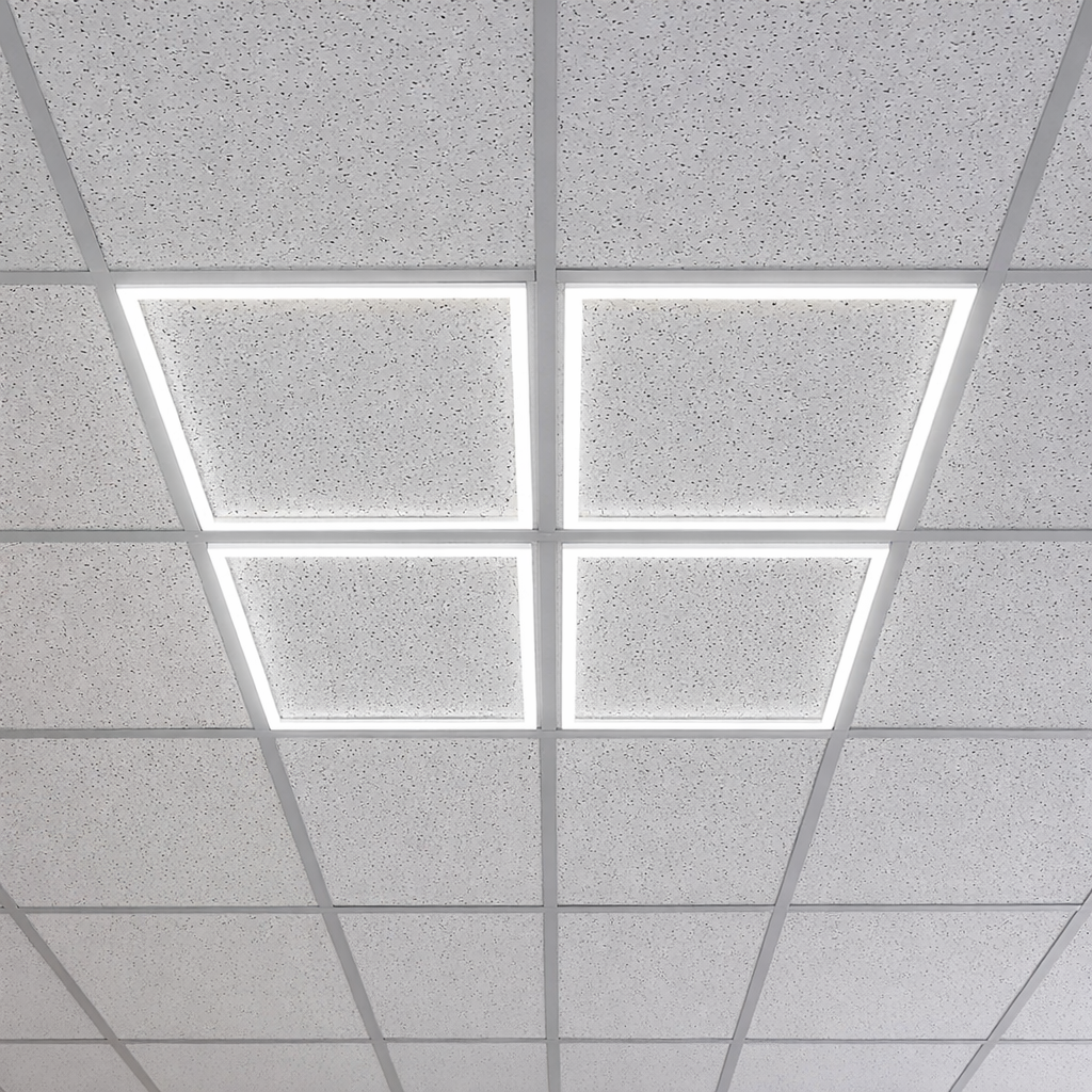 600x600 led frame Ceiling with grid of square tiles, one of which is illuminated.