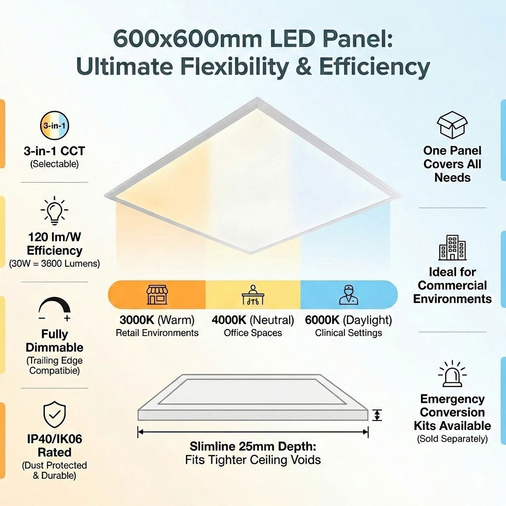 30W 600x600mm LED Panel | 3-in-1 CCT Selectable | Dimmable | IP40 | Office Ceiling Light