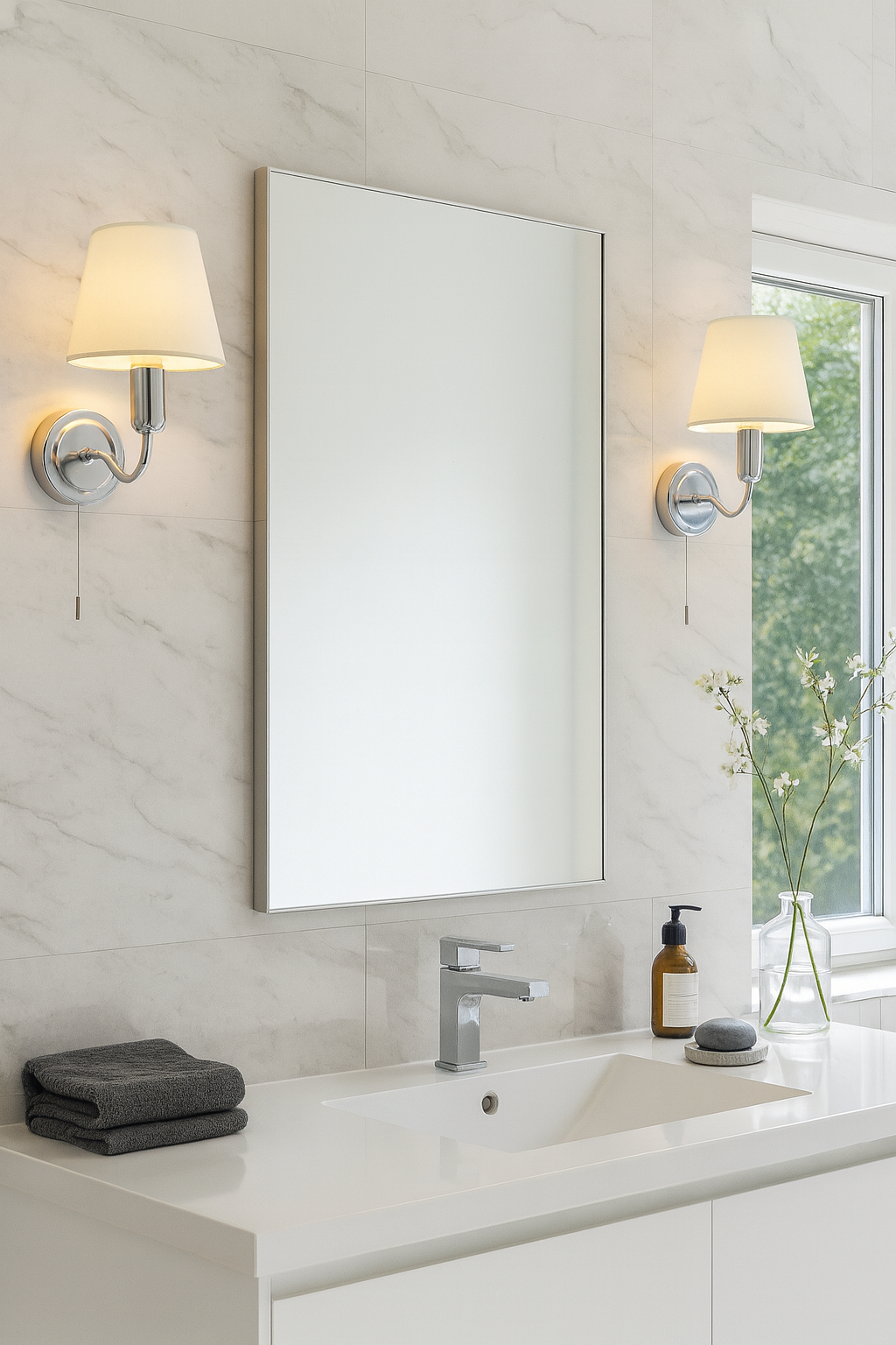 Bathroom Light Wall Semi-Flush Fitting with Fabric Shade & Pullcord Switch | G9 | IP44 | Polished Chrome