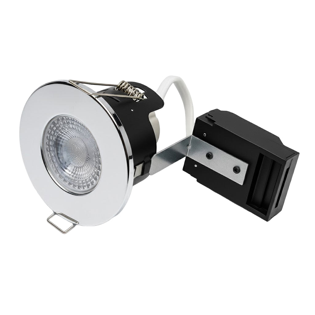 LED downlight fixture with a black driver on a white background
