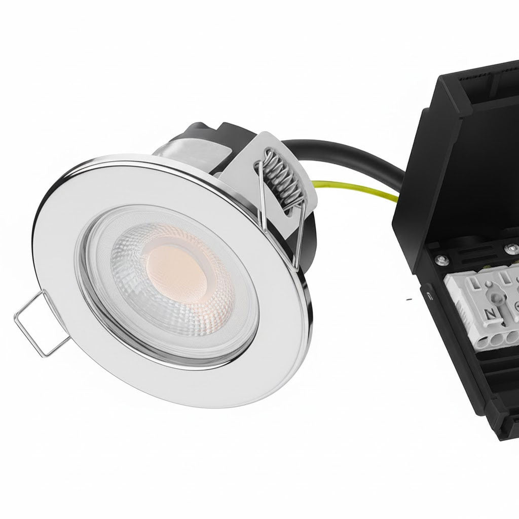 Fire Rated Dimmable Downlight Fitting | LED 5W 480lm | 3000K Warm White | IP65 | Polished Chrome