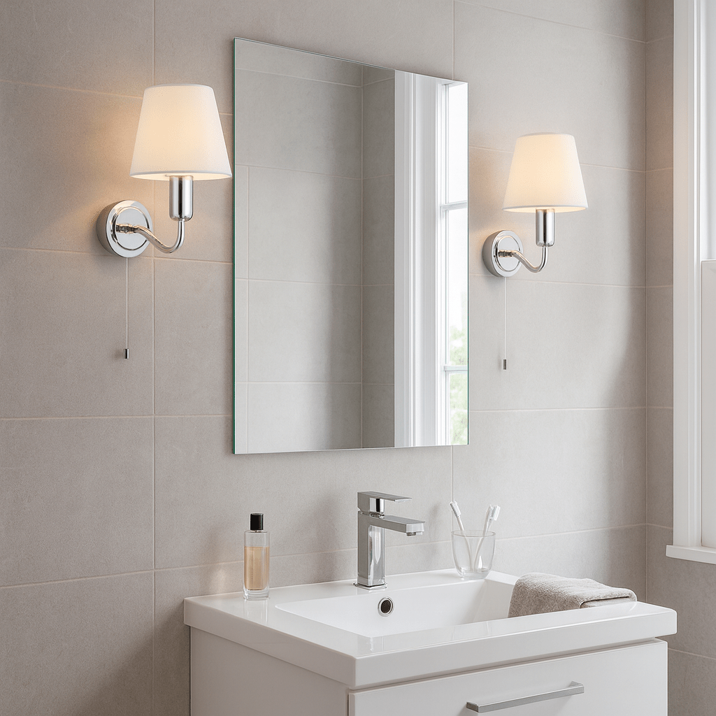 Bathroom Light Wall Semi - Flush Fitting with Fabric Shade & Pullcord Switch | G9 | IP44 | Polished Chrome - LightHub Direct