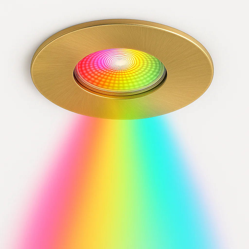 Smart WiFi RGB+CCT Fire Rated Downlight | Alexa & Google | GU10 IP65 | Brushed Satin Brass - LightHub Direct