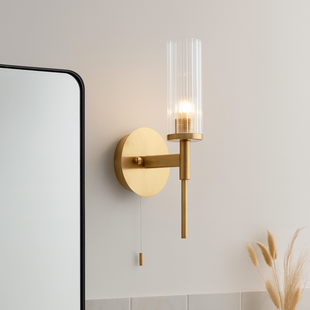 Bathroom Light Wall Semi - Flush Fitting with Glass Shade & Pullcord Switch | G9 | IP44 | Satin Brushed Gold - LightHub Direct