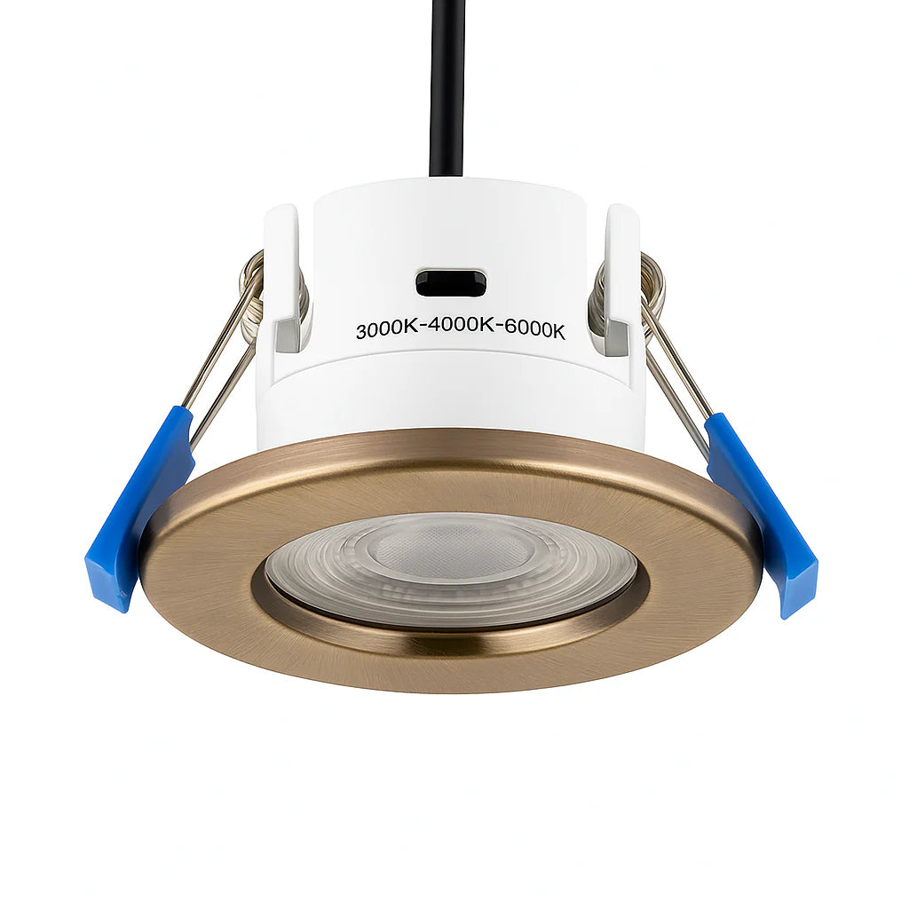 3CCT Fire Rated Dimmable Downlight Fitting | LED 5W 550lm | CCT Tri-Colour | IP65 | Antique Brass