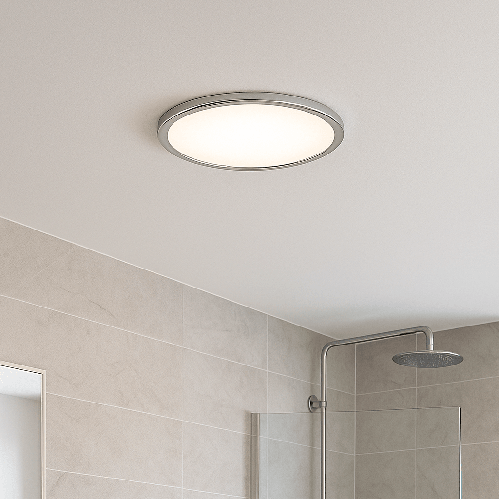 CCT Slim Low Profile Circular Flush Ceiling Corridor Bathroom Kitchen Light | 12W LED 1200lm | IP54 | Chrome - LightHub Direct