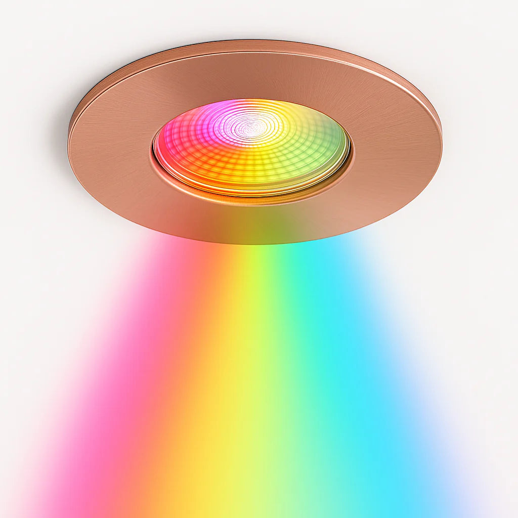 Smart WiFi RGB+CCT Fire Rated Downlight | Alexa & Google | GU10 IP65 | Brushed Copper