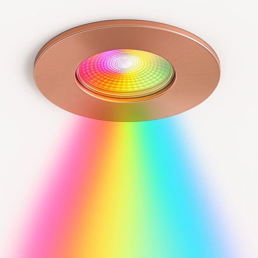 Smart WiFi RGB+CCT Fire Rated Downlight | Alexa & Google | GU10 IP65 | Brushed Copper - LightHub Direct