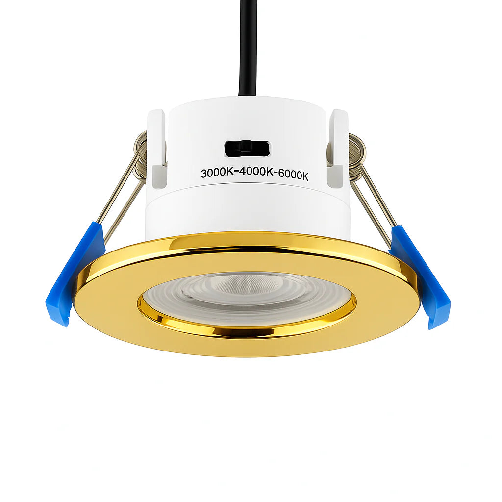 3CCT Fire Rated Dimmable Downlight Fitting | LED 5W 550lm | CCT Tri-Colour | IP65 | Polished Brass