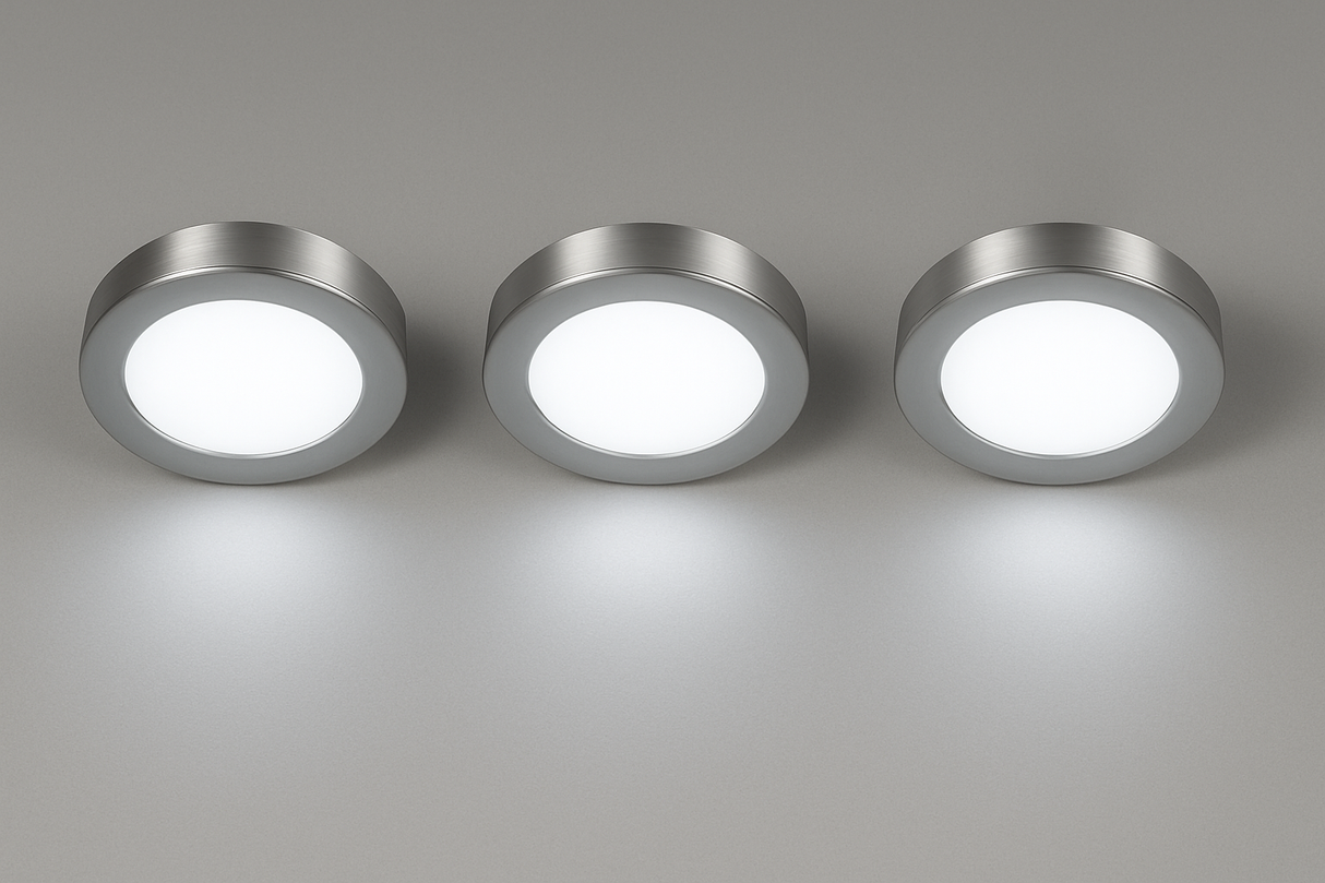 Slim Under-Cabinet Round 3 Pack Kit with Driver | LED 2W | IP20 | 4000K Neutral White | Brushed Steel