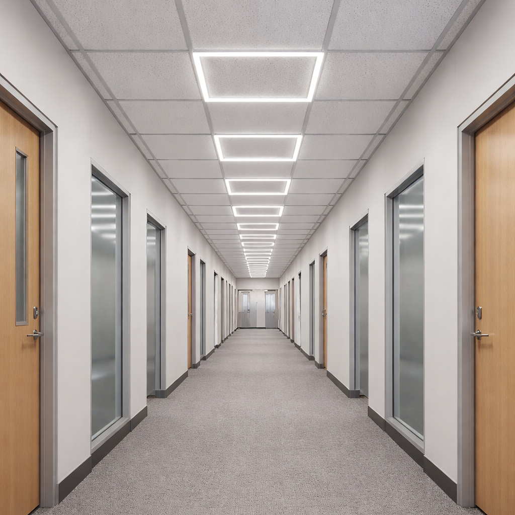 Long office hallway with doors and led frame ceiling lights