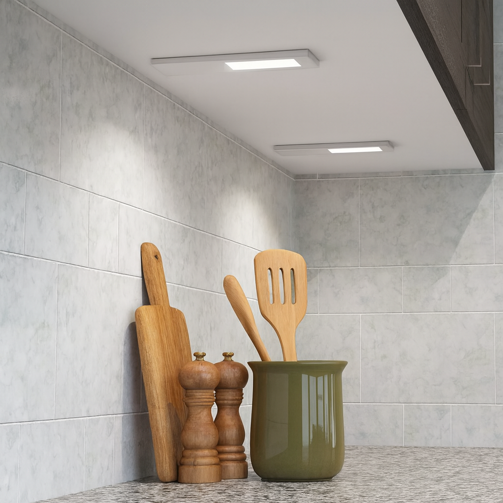 Kitchen utensils including a wooden spatula, cutting board, and salt and pepper shakers on a tiled kitchen counter.