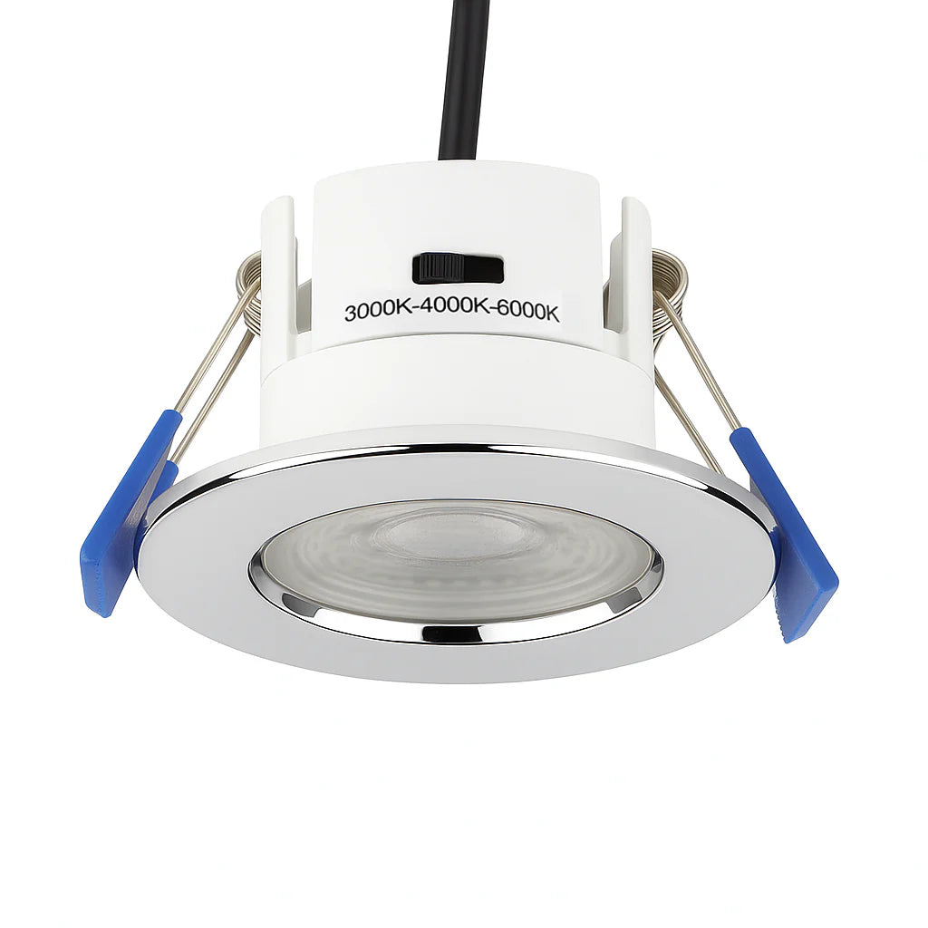 3CCT Fire Rated Dimmable Downlight Fitting | LED 5W 550lm | CCT Tri-Colour | IP65 | Polished Chrome