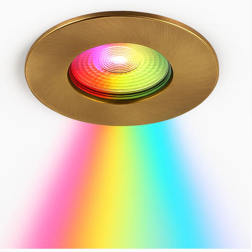 Smart WiFi RGB+CCT Fire Rated Downlight | Alexa & Google | GU10 IP65 | Antique Brass - LightHub Direct