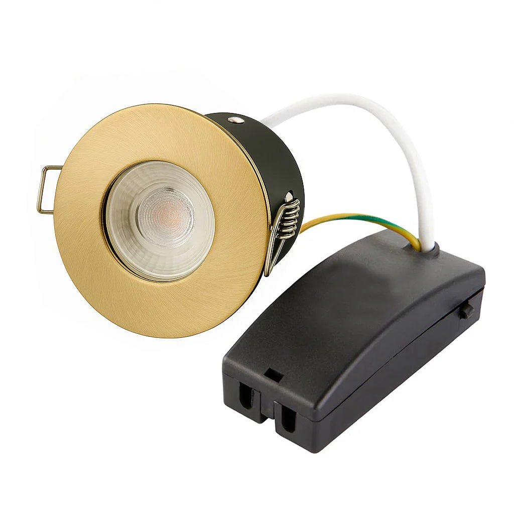 Smart WiFi RGB+CCT Fire Rated Downlight | Alexa & Google | GU10 IP65 | Brushed Satin Brass - LightHub Direct