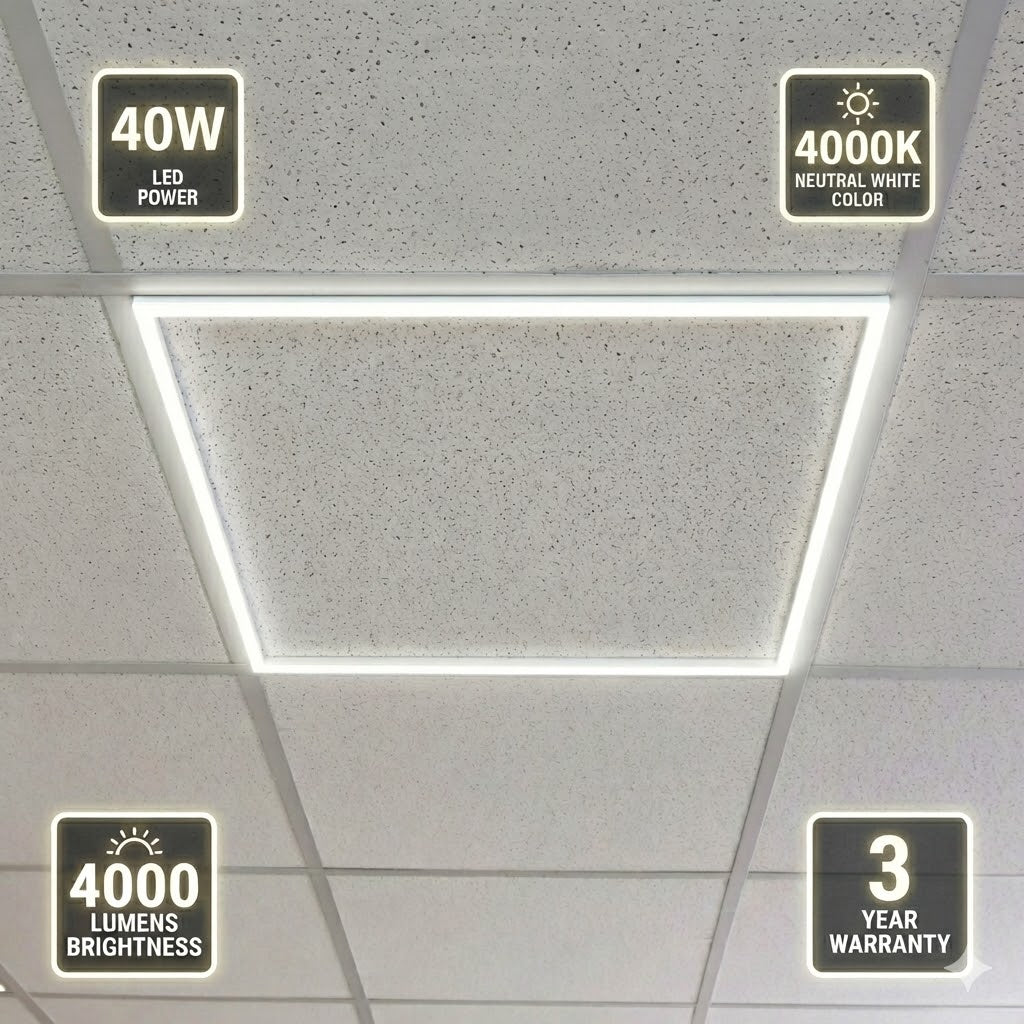 600x600 led frame Ceiling light fixture with specifications on a gray ceiling