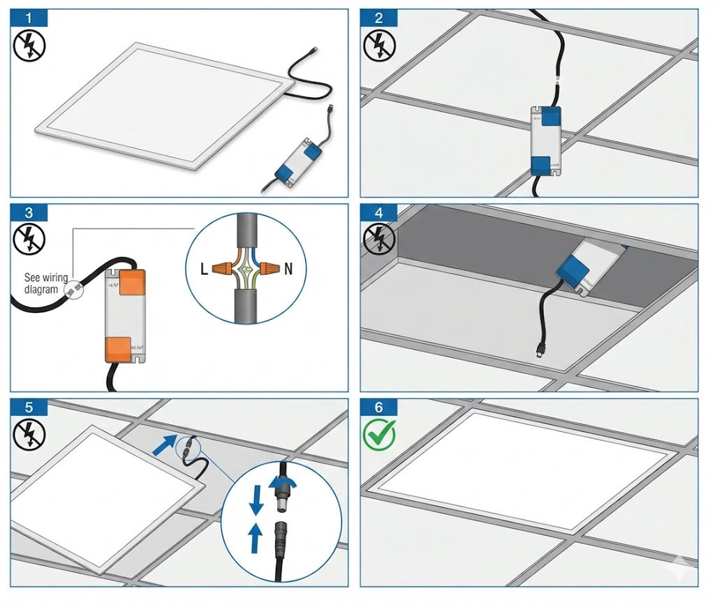 Step-by-step installation guide for a ceiling-mounted light fixture with diagrams and icons.