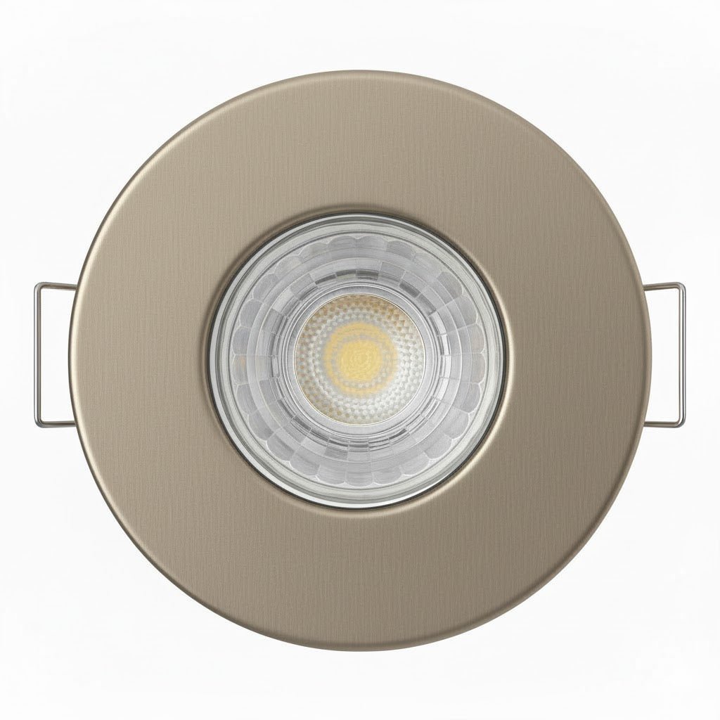 Brushed Nickel Fixed Fire Rated GU10 Open Back Downlight | Pressed Steel | IP20 | 30 - 90 Min Rated - LightHub Direct