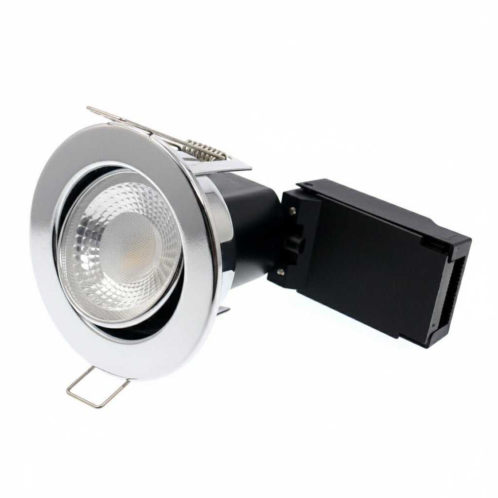 Fire Rated Dimmable Tilt Adjustable Downlight | LED 5W 480lm | 4000K Neutral White | IP65 | Polished Chrome - LightHub Direct