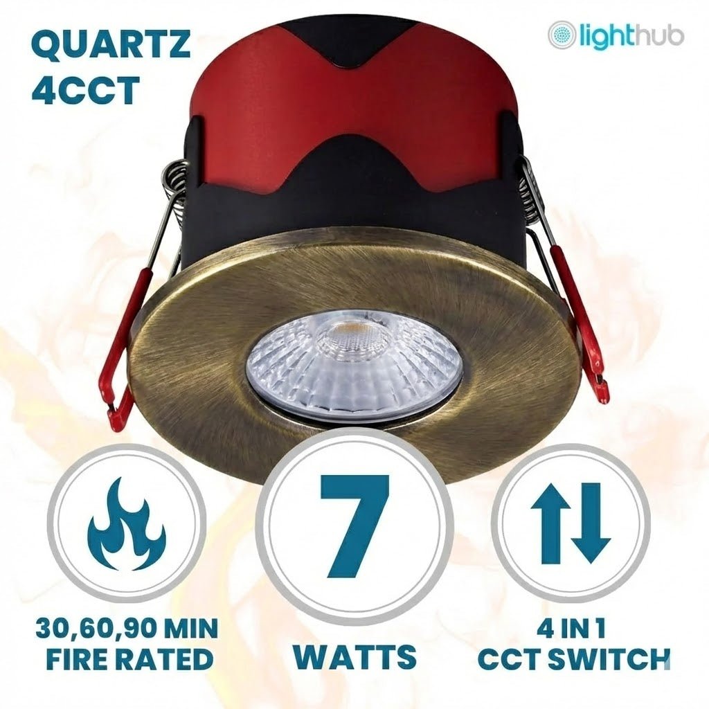ONYX | Quad - Colour CCT | LED Fire Rated Downlight | Dimmable 7W 750lm | IP65 | Antique Brass - LightHub Direct