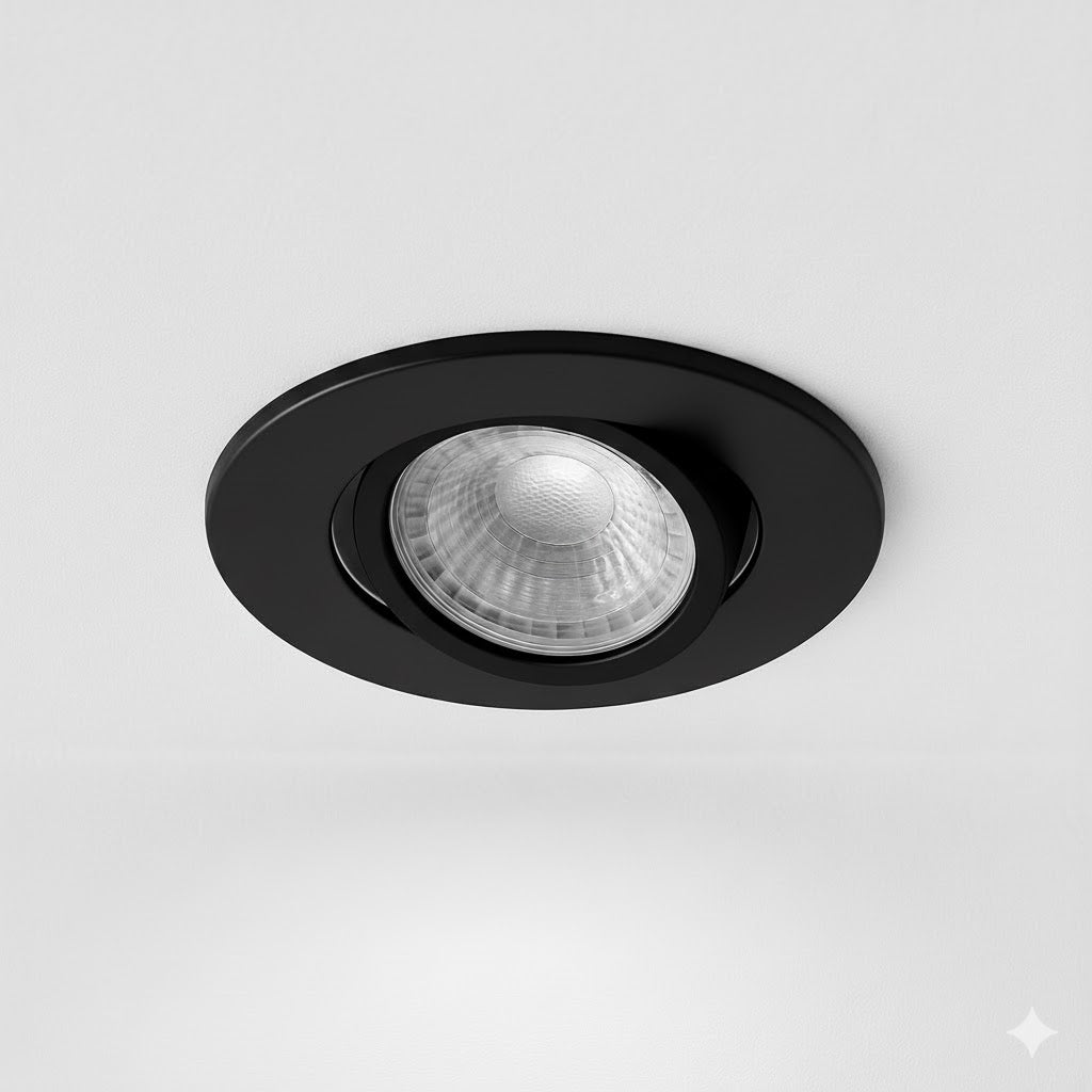 Black Tilt Adjustable Fire Rated GU10 Open Back Downlight | Pressed Steel | IP20 | 30-90 Min Rated