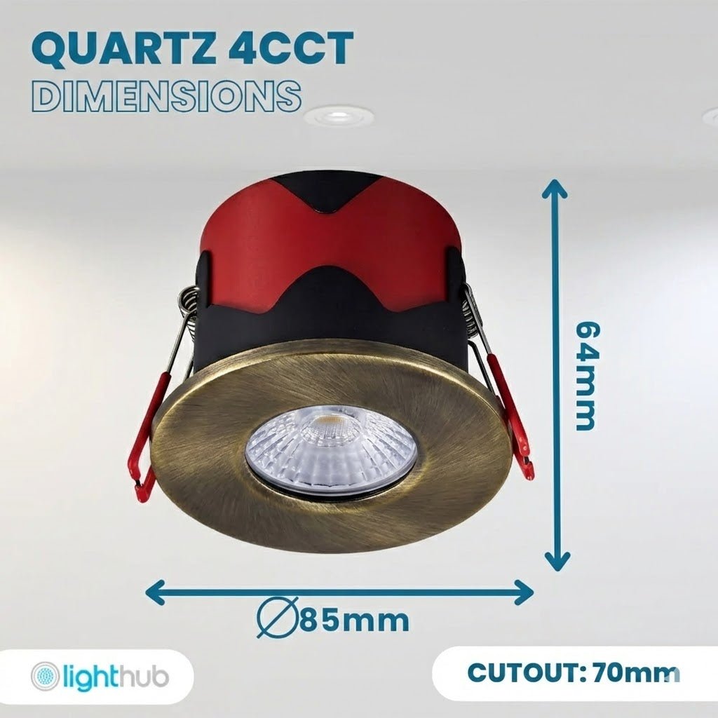 ONYX | Quad - Colour CCT | LED Fire Rated Downlight | Dimmable 7W 750lm | IP65 | Antique Brass - LightHub Direct