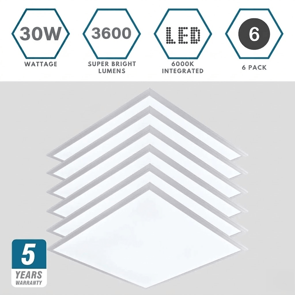 AIRO | 600x600mm Recessed Panel Light | 3hr Emergency Function | 6000K Daylight White | LED 30W 3600lm | For Suspended Modular Ceiling Tile | 6 Pack - LightHub Direct