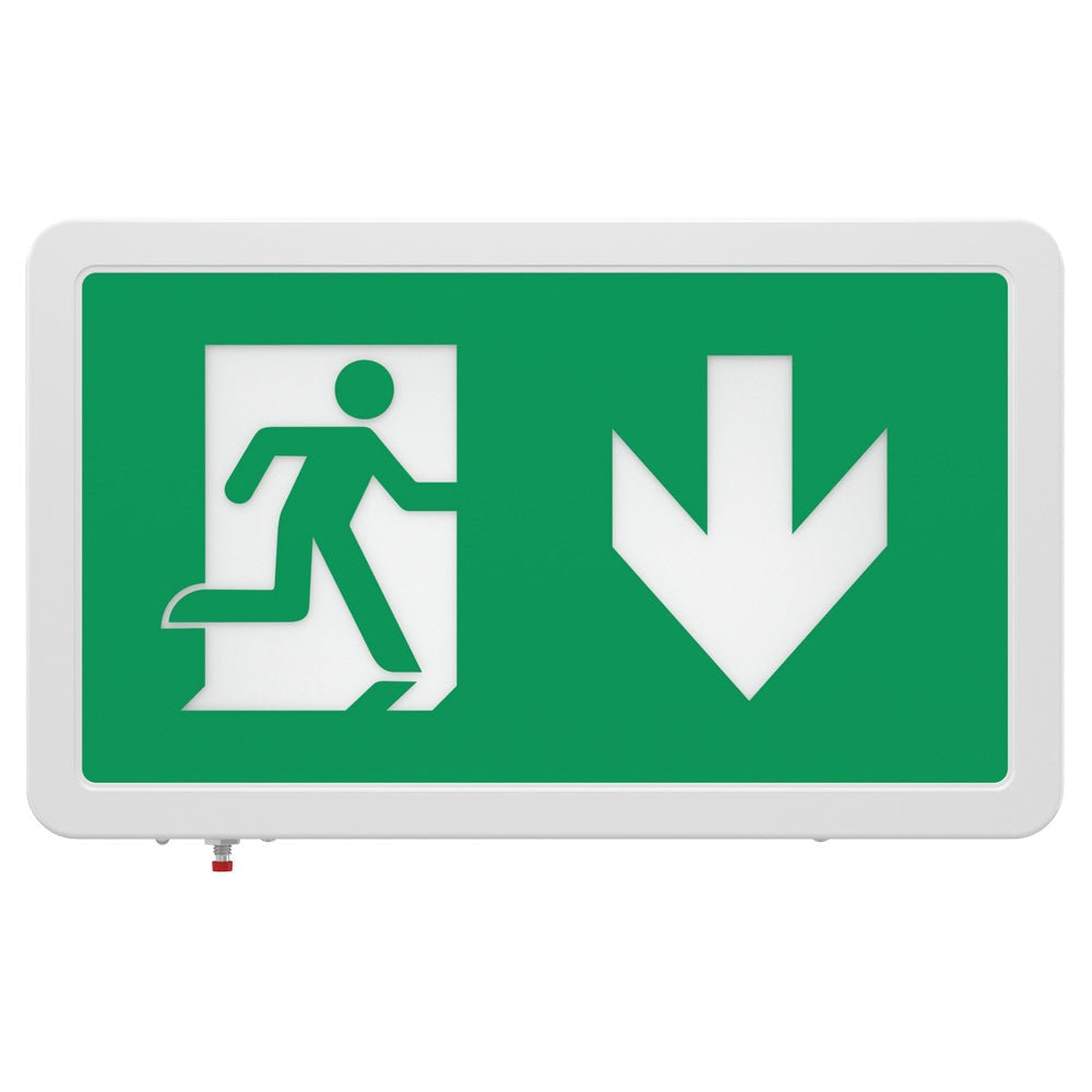 MAGNA Over Door Fire Exit Box Running Man Light | LED 4W 200lm | 6000K Daylight White | IP20 | 3hr Emergency Function | Down Arrow - LightHub Direct