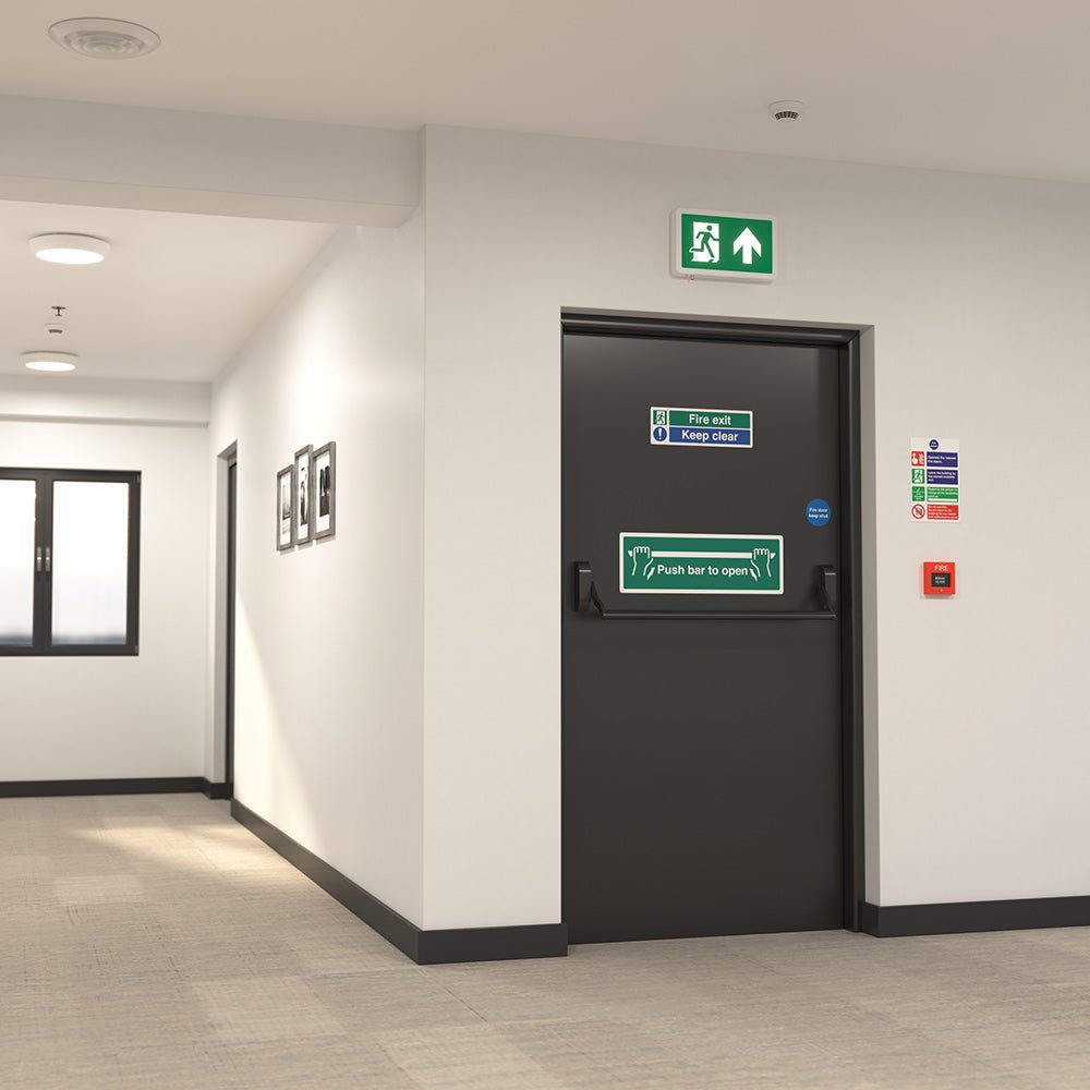 MAGNA Over Door Fire Exit Box Running Man Light | LED 4W 200lm | 6000K Daylight White | IP20 | 3hr Emergency Function | Down Arrow - LightHub Direct